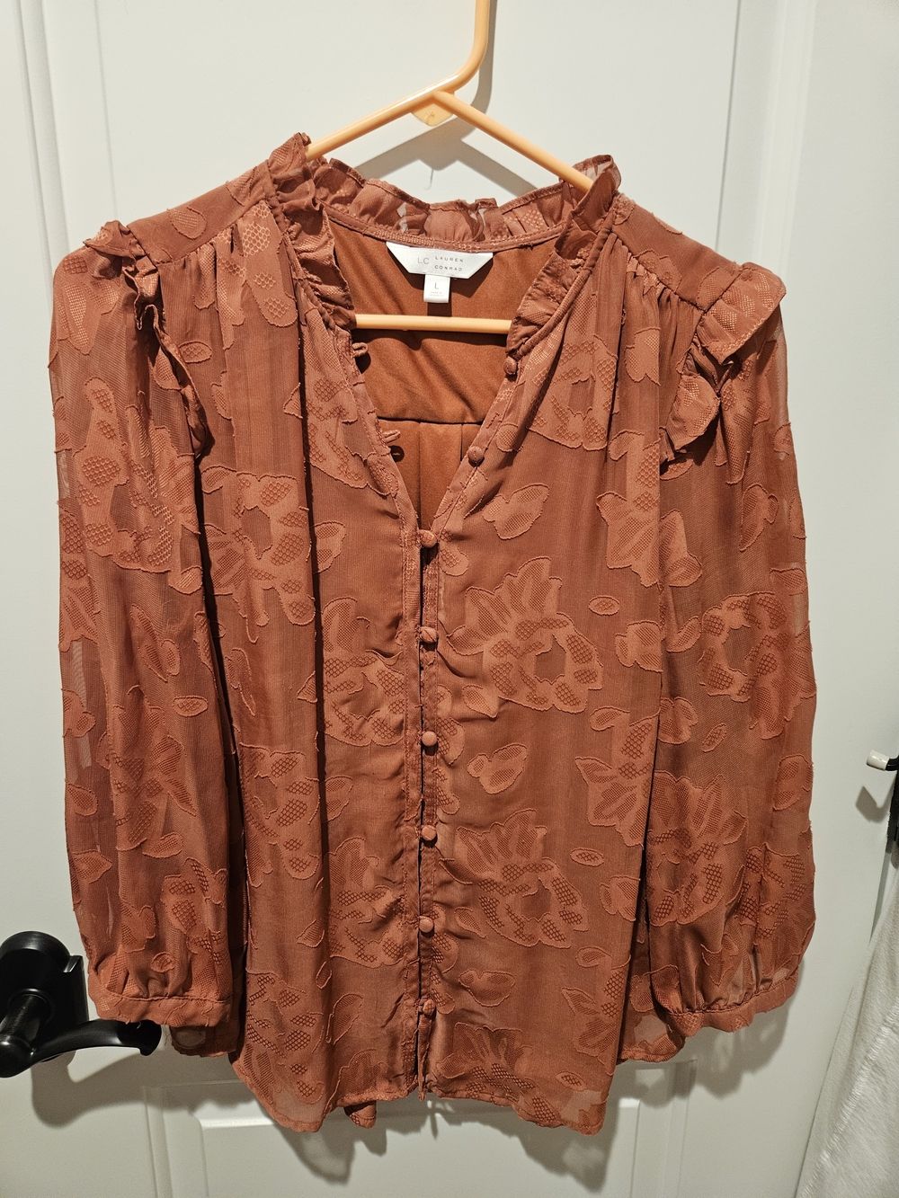 LC Lauren Conrad Rust Floral Jacquard Ruffle-Trim Blouse